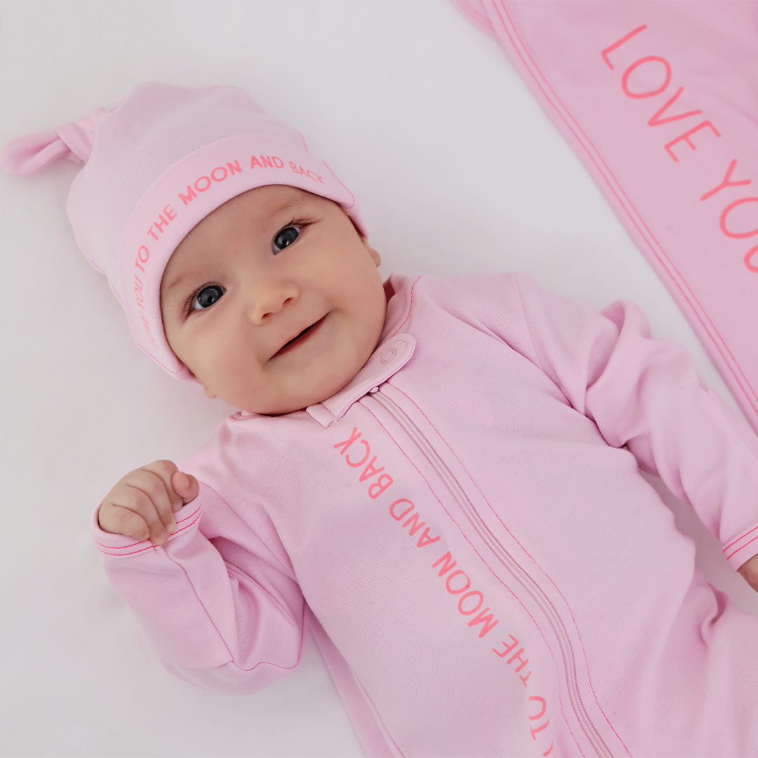 Love You To The Moon Zipper Footie in Pink